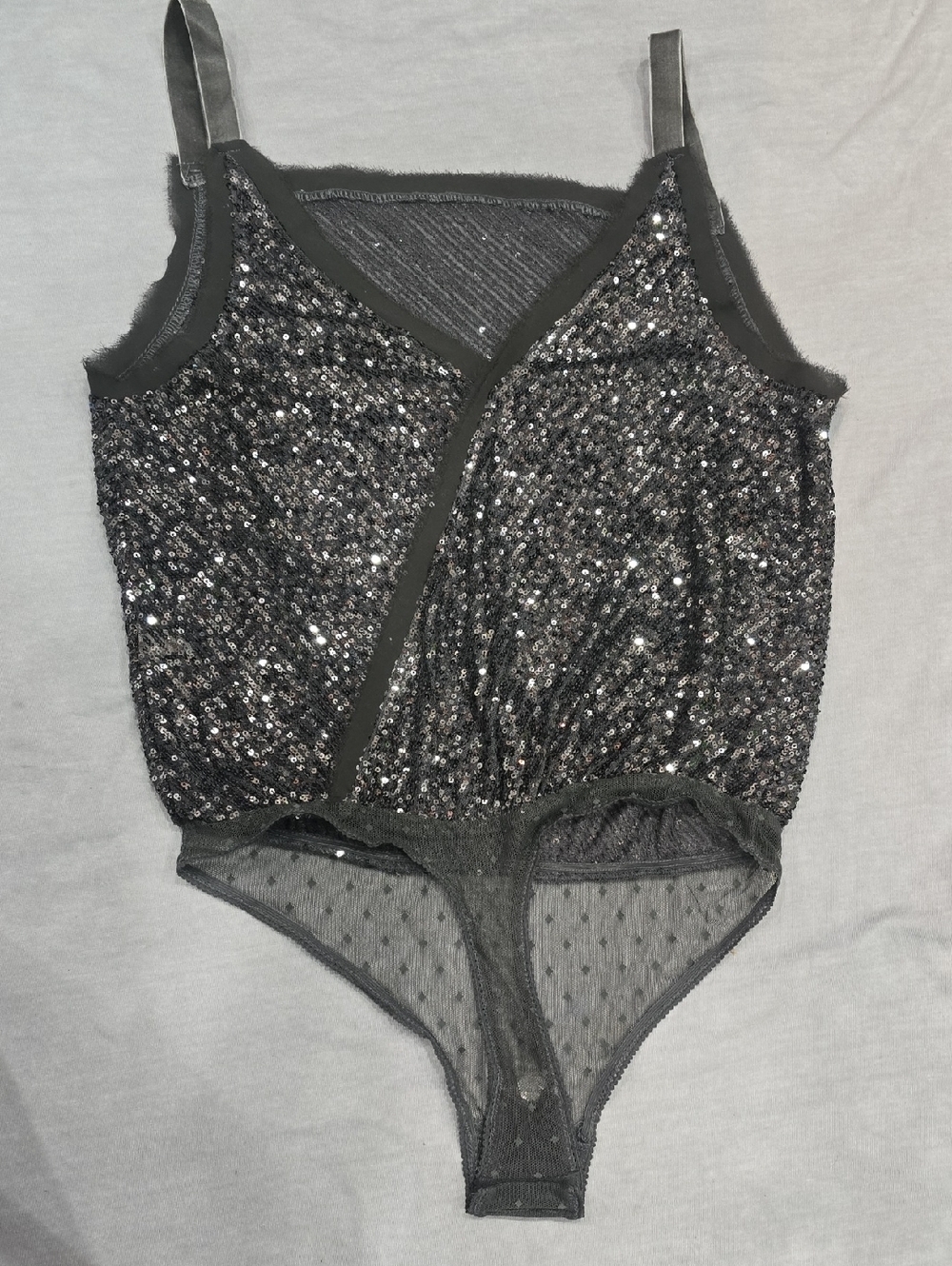 Black Sequin V-Neck Bodysuit Top